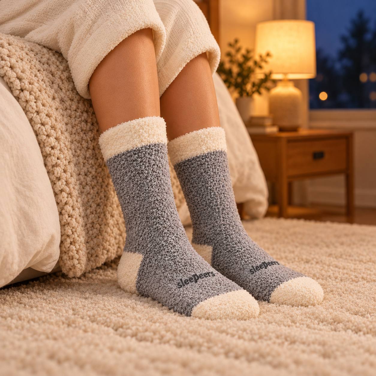 Persona sentada al borde de la cama con calcetines Sleepeers Max Essential grises de caña alta y los pies sobre una alfombra, con una lámpara encendida al fondo