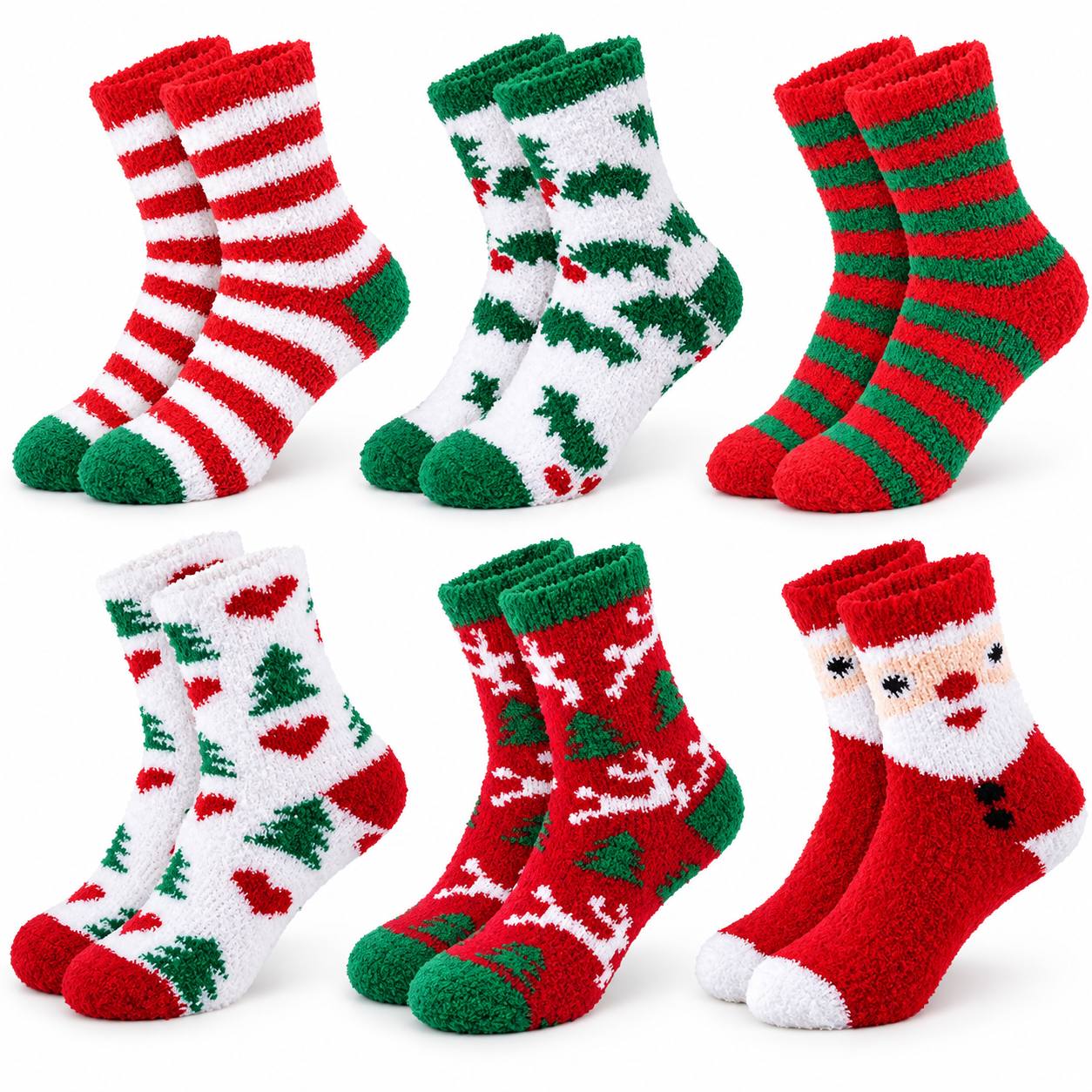 Seis pares de calcetines Sleepeers Max Fun de Navidad, afelpados, con rayas, abetos, acebo, renos y Papá Noel en rojo, verde y blanco