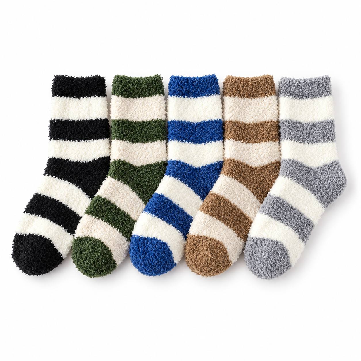 Cinco calcetines Sleepeers Max Fun afelpados de rayas anchas en crudo con negro, verde, azul, marrón y gris