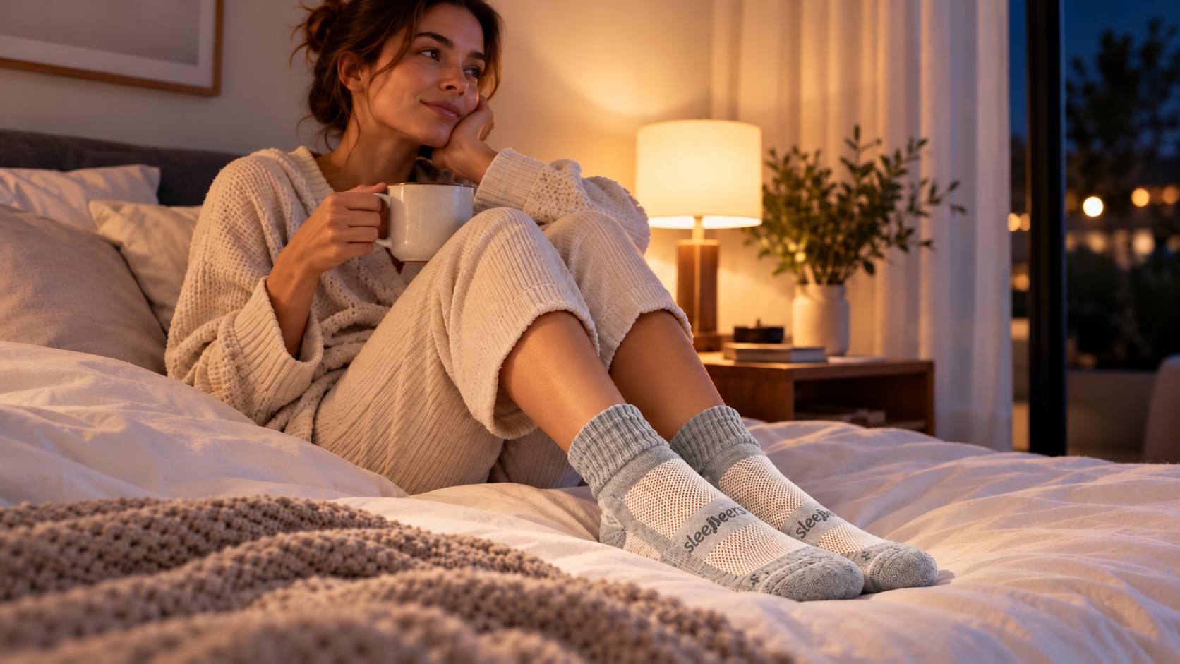 Mujer sentada en la cama con una taza y calcetines Sleepeers Air puestos